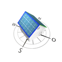 Grafik von Haus mit Solarzellen, nach Nordost und Südwest ausgerichtet