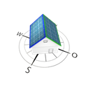 Grafik von Haus mit Solarzellen, nach Nordost und Südwest ausgerichtet