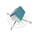 Grafik von Haus mit Solarzellen, nach Ost und West ausgerichtet