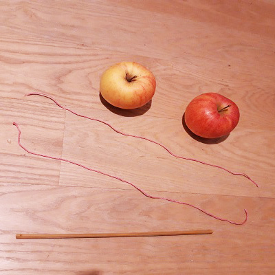 Experimentiermaterial: 2 Äpfel, 2 Fäden, 1 Holzstab