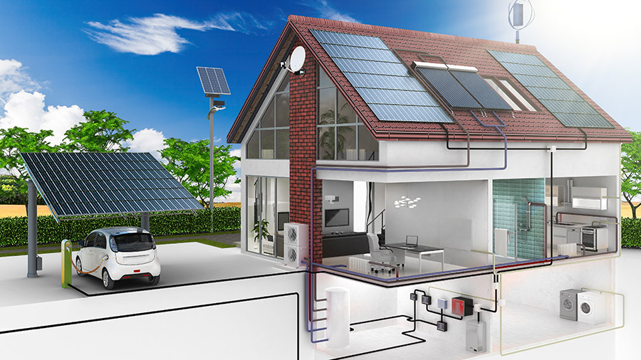 Schematische Darstellung eines Hauses mit vielen erneuerbaren Energien