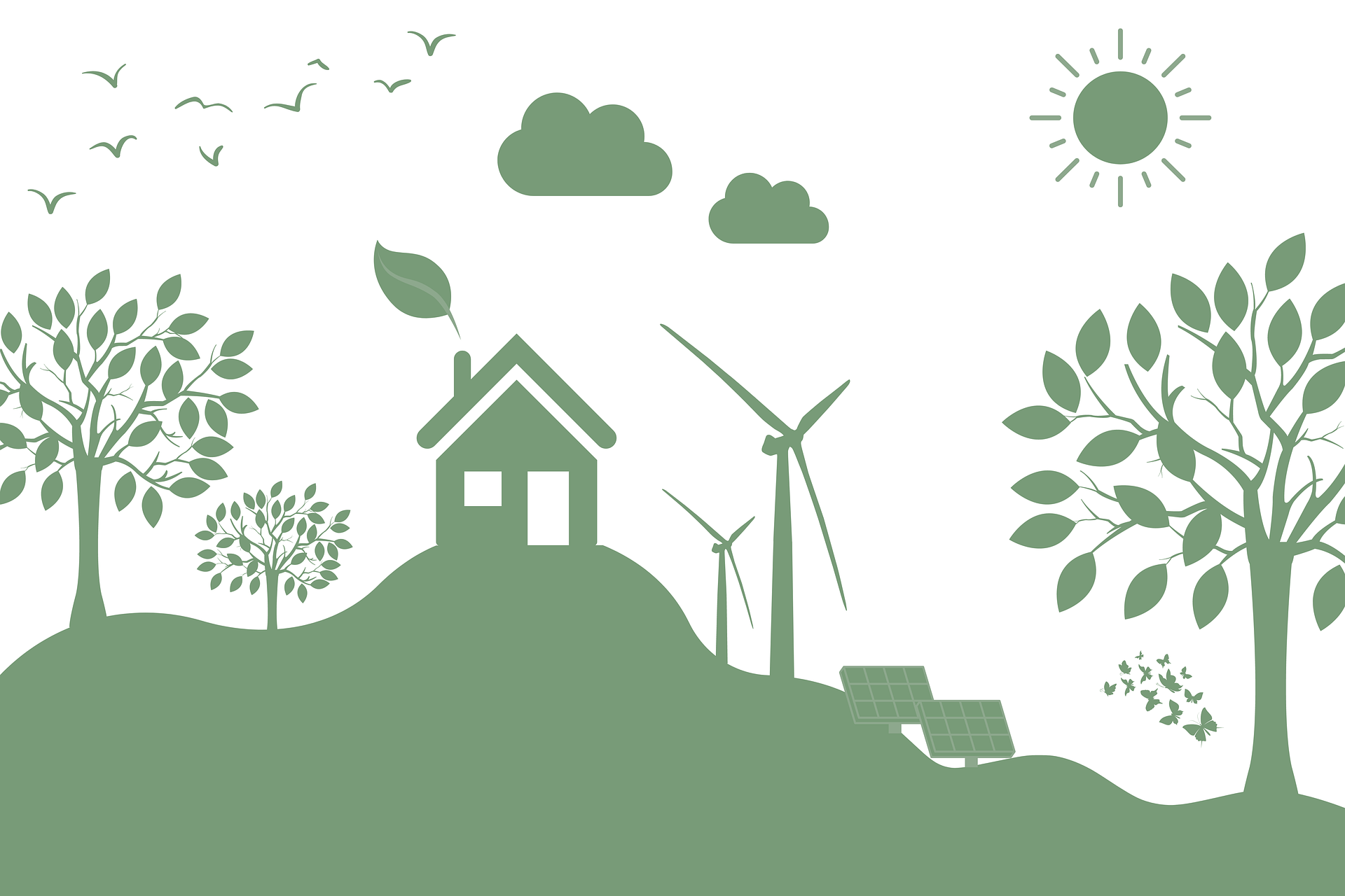 Haus mit Bäumen, Windenergieanlagen und Solarmodulen